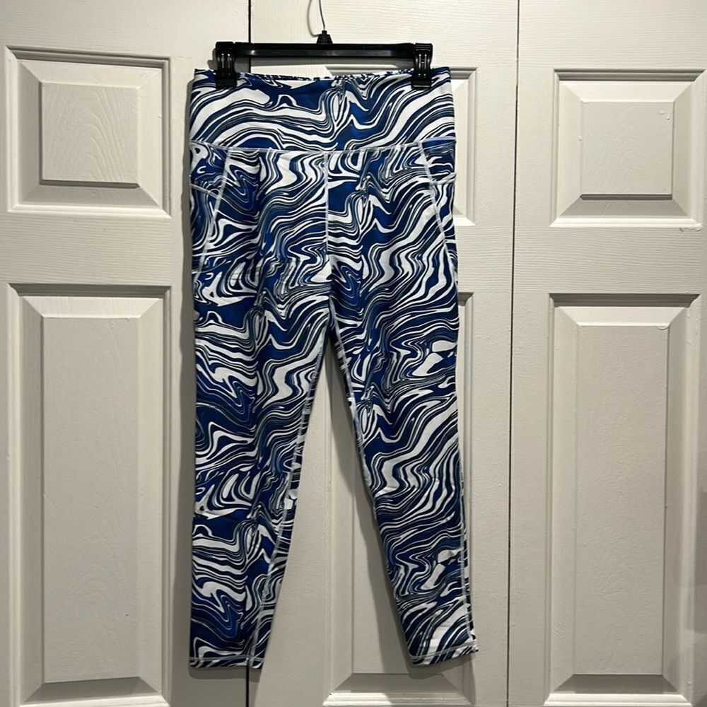 Aqua Blue, White Spandex Cropped Pants, Size Large